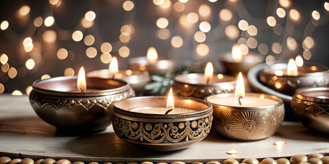 Elegant decorative candles with flames and bokeh lights in the background, creating a warm atmosphere, copy space.
