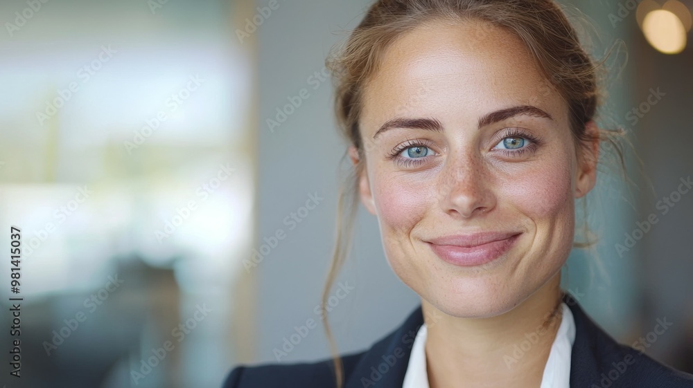 Sticker A woman with a smile on her face is wearing a black jacket and white shirt