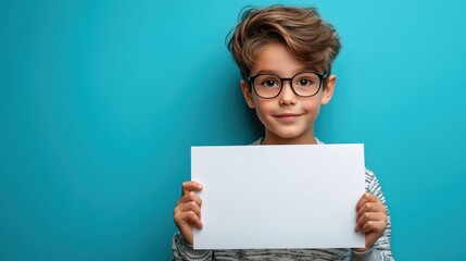 Naklejka premium Boy wearing modern casual wear holding a blank sign in front of him on a cool monochrome blue background