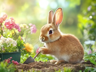 Fototapeta premium A Cute Furry Rabbit Gardening in a Lush Green Environment