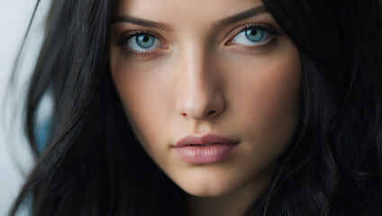 Obraz premium A female model with long black hair and blue eyes.