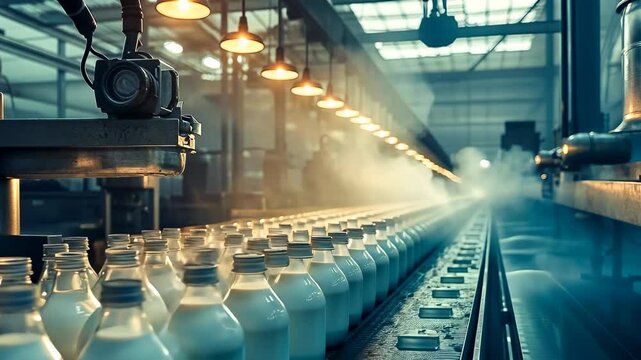 Rows of milk bottles move along a conveyor belt in a large, busy factory. The setting is industrial, mid-day, and the mood is efficient and mechanical. Alt: Dairy production process in full swing.