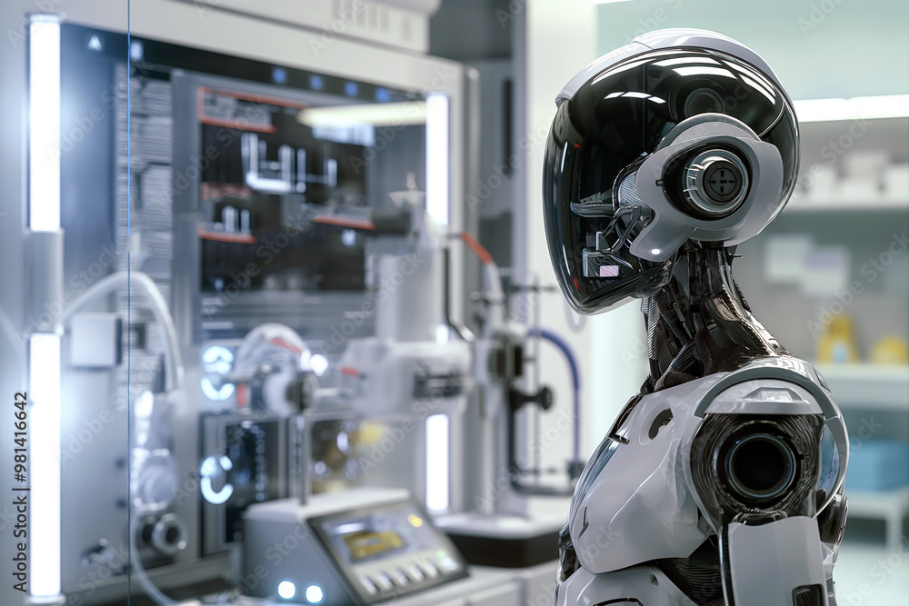 Poster futuristic android robot with a sleek metallic body standing in a high-tech laboratory with advanced