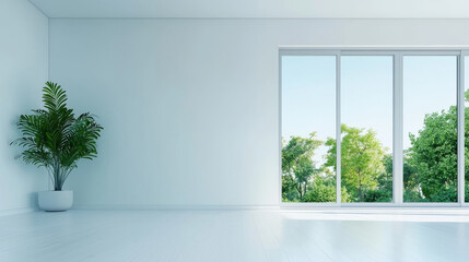 Fototapeta premium Empty room with large window, green trees, and a potted plant