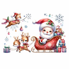 Cute Santa riding a festive sleigh pulled by two reindeer, surrounded by snowflakes and holiday flowers. The sleigh is filled with colorful presents, creating a whimsical Christmas scene.