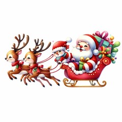 Cute Santa riding a festive sleigh pulled by two reindeer, surrounded by snowflakes and holiday flowers. The sleigh is filled with colorful presents, creating a whimsical Christmas scene.
