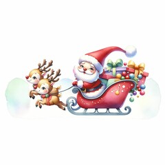 Cute Santa riding a festive sleigh pulled by two reindeer, surrounded by snowflakes and holiday flowers. The sleigh is filled with colorful presents, creating a whimsical Christmas scene.
