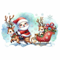 Cute Santa riding a festive sleigh pulled by two reindeer, surrounded by snowflakes and holiday flowers. The sleigh is filled with colorful presents, creating a whimsical Christmas scene.