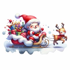 Cute Santa riding a festive sleigh pulled by two reindeer, surrounded by snowflakes and holiday flowers. The sleigh is filled with colorful presents, creating a whimsical Christmas scene.
