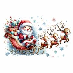 Cute Santa riding a festive sleigh pulled by two reindeer, surrounded by snowflakes and holiday flowers. The sleigh is filled with colorful presents, creating a whimsical Christmas scene.