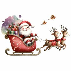 Cute Santa riding a festive sleigh pulled by two reindeer, surrounded by snowflakes and holiday flowers. The sleigh is filled with colorful presents, creating a whimsical Christmas scene.