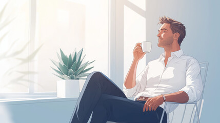 
Taking Breaks: An animated adult male character with a relaxed demeanor is enjoying a break at his office, sipping coffee while looking out the window. A small succulent plant sits on the windowsill,