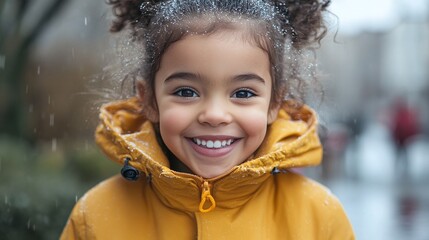 young girl in stylish yellow jacket smiles for the camera ideal for capturing casual fashion look with a cheerful and confident outdoor vibe