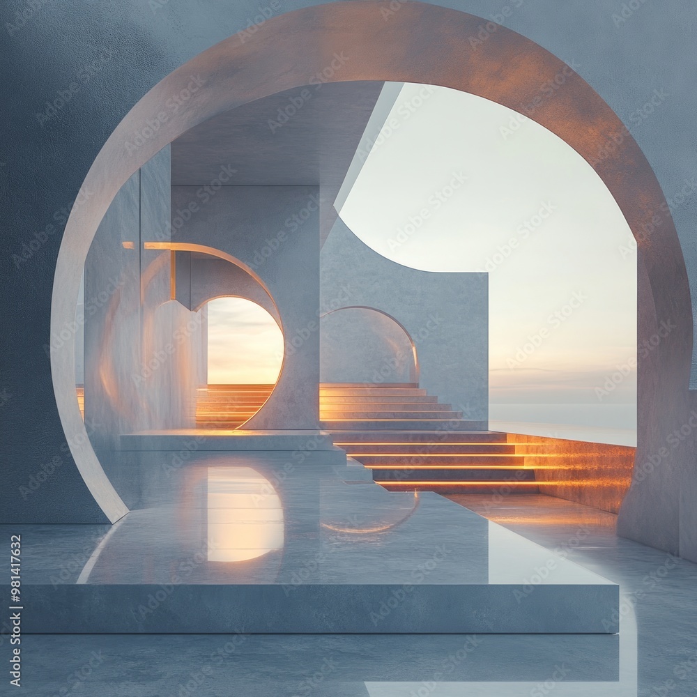 Sticker Minimalist architectural design with arched doorways, stairs, and a reflective floor, illuminated by a warm sunset.