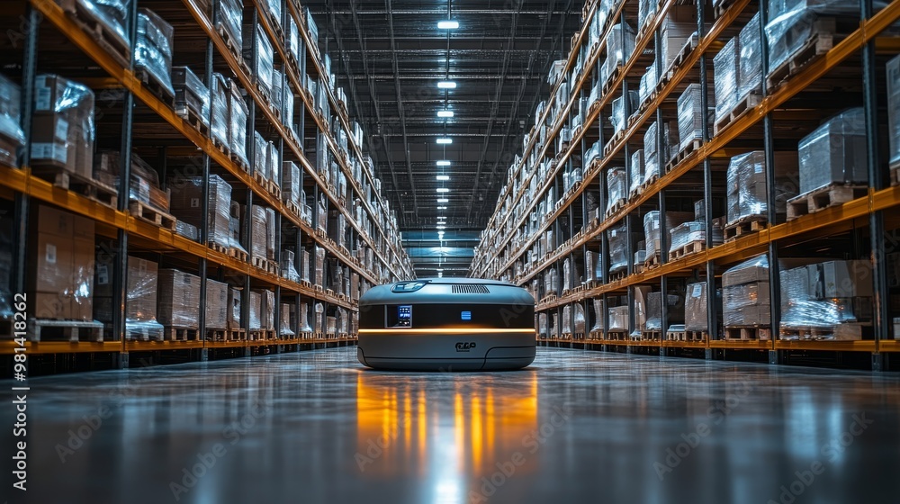 Aufkleber sustainable warehouse with automated retrieval system in operation during evening hours