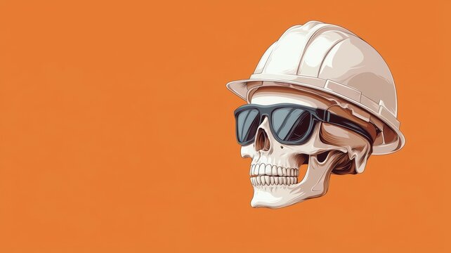 A skull wearing sunglasses and a hard hat