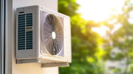 A white air conditioner unit with a fan on top