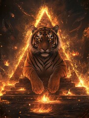 Geometric Tiger in Flames with Burning Pyramid Candles