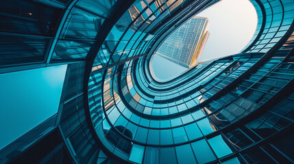 Fototapeta premium Low-angle view of futuristic architecture with skyscrapers and curved glass windows