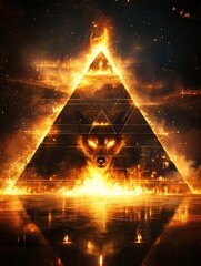 Geometric Wolf in Fire with Burning Pyramid Candles