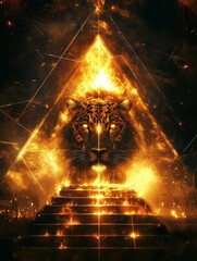 Jaguar in Burning Pyramid with Polygons of Fire and Candlelight