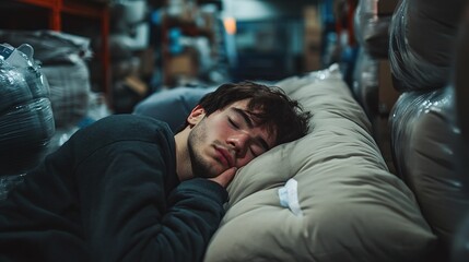 Obraz premium warehouse worker sleeping on a pillow among stacked bags ideal for showcasing workplace fatigue and relaxation in a busy storage background