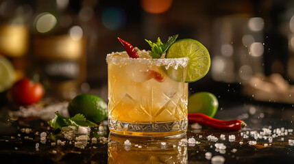 A shot of tequila, garnished with lime, salt, and chili pepper.