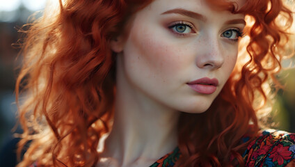Fototapeta premium A woman with pale skin, red hair, detailed colorful eyes, wearing a dress.