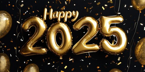 Happy New Year poster with golden letters 2025 on dark shimmering purple and dark blue background Happy Celebration Sparkles Banner Generative AI