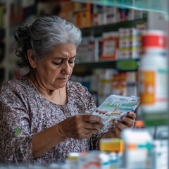 Concerned elderly Latin woman buying medicine at the local pharmacy