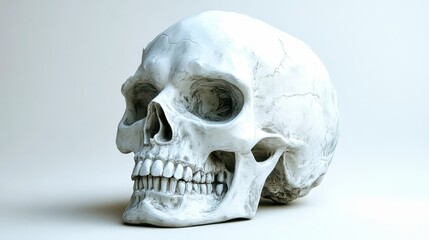 Obraz premium White human skull showing teeth resting on white background