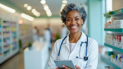 A cheerful healthcare worker stands in a pharmacy filled with colorful medication shelves. She holds a tablet and wears a stethoscope, exuding professionalism and warmth.