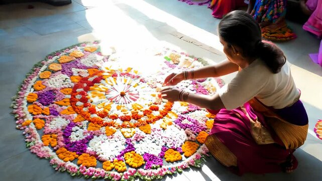 Traditional Indian woman creating a colorful rangoli design with flowers