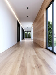 Fototapeta premium A long, bright hallway with wooden floors, a wood-paneled wall, and a view of greenery.