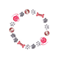 Round watercolor composition. Toys for pets, rubber bones, balls, footprints and paw prints of dogs and cats, a ball of yarn for cats to play with. Suitable for printing on fabric, paper.