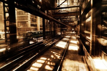 Trains glide along tracks in a vibrant urban environment, illuminated by bright sunlight filtering through buildings