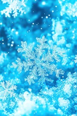 Real snowflake falling on a sparkling blue background
