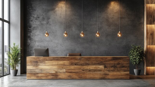 contemporary lobby design with a rustic wooden desk concrete wall and warm lighting offering a modern minimalist reception space with industrial decor and a welcoming professional interior ambiance