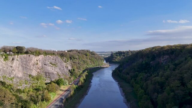 Camera panning over avon gorge and clifton suspension bridge