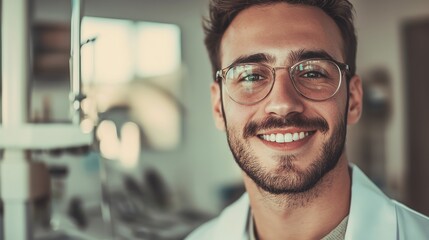 Obraz premium A smiling young professional in glasses, showcasing confidence and approachability in a modern medical environment.