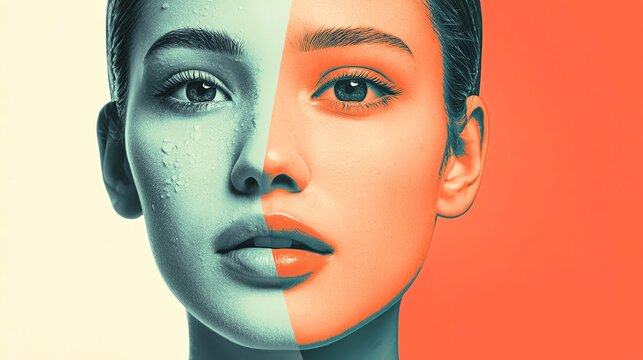 A striking portrait showcasing duality in beauty, blending vibrant colors with captivating facial features for artistic impact.