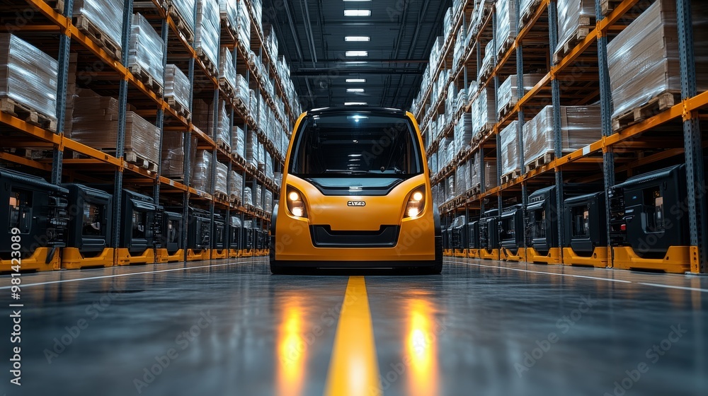 Poster efficient agv navigating through a warehouse filled with stored goods during daytime operations
