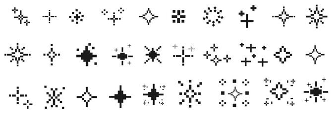 Pixel art stars. Retro decorative night pixelated sparkling elements. Black star and glitter for mobile games. Vector 8-bit retro style illustration.