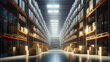 Fototapeta premium Modern warehouse interior with rows of shelves and crates.