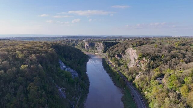 Camera panning over avon gorge and clifton suspension bridge