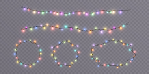 Bright garlands with colorful sparkle of bright bulbs. Christmas lights garland bright lights glow on transparent background. Festive chain of lights.