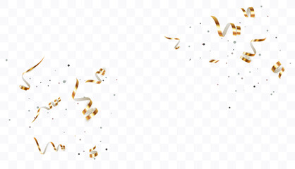 Golden confetti on transparent background, bright streamer. Falling shiny confetti streamer. Bright golden festive tinsel. Festive design elements for web banner, poster, flyer, invitation.	
