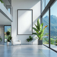 Modern interior with plants and panoramic mountain view