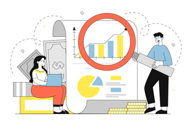 Accountant people with graphs. Woman and man with magnifying glass analyze charts. Financial literacy and income and expense assessment. Linear vector illustration