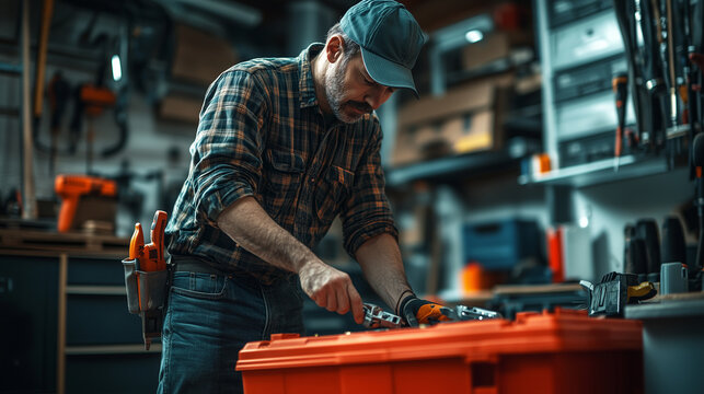 A man is working on an electrical installation in the garage. He has tools and accessories for his work in his hands, wearing jeans and a plaid shirt with a cap. The photo was take